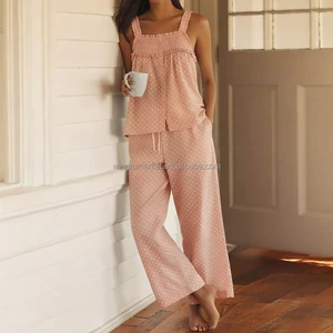 Trendy Summer Autumn Pink Polka Dot Loungewear Two Piece Set Ruffle Strap Top Trousers Pajama Suit