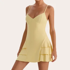 Tennis Wear Elegant V-Neck Slim Short Jumpsuit Skirt Sexy Backless Summer Ruffle Mini Women Golf Dress with Shorts