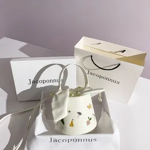 New Arrival Luxury Women's White PU Leather Bucket Bag Fruit Print Embroidery Shoulder Bag Fashion Design for Summer