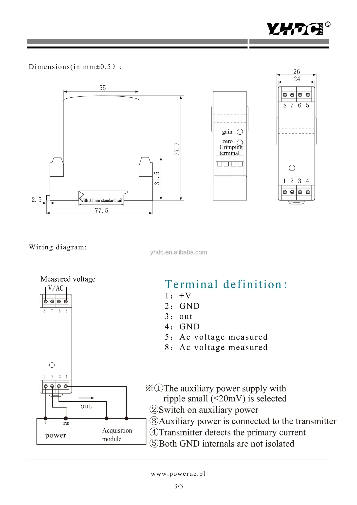 Tcvh YHDC 500V AC DC Din Rail Mounting Voltage Transducer/Transmitter TCVH ...