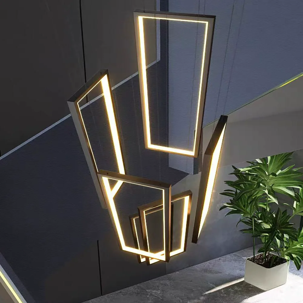 Black Gold Modern Led Pendant Light Hotel High Ceiling Geometric Hanging Lamp Staircase Large Long Customized Acrylic Chandelier
