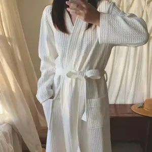 Wholesale Products 100% Cotton White Thick Waffle Unisex Breathable Winter Autumn Casual Night Bathrobe Quick Dry V-Neck Long