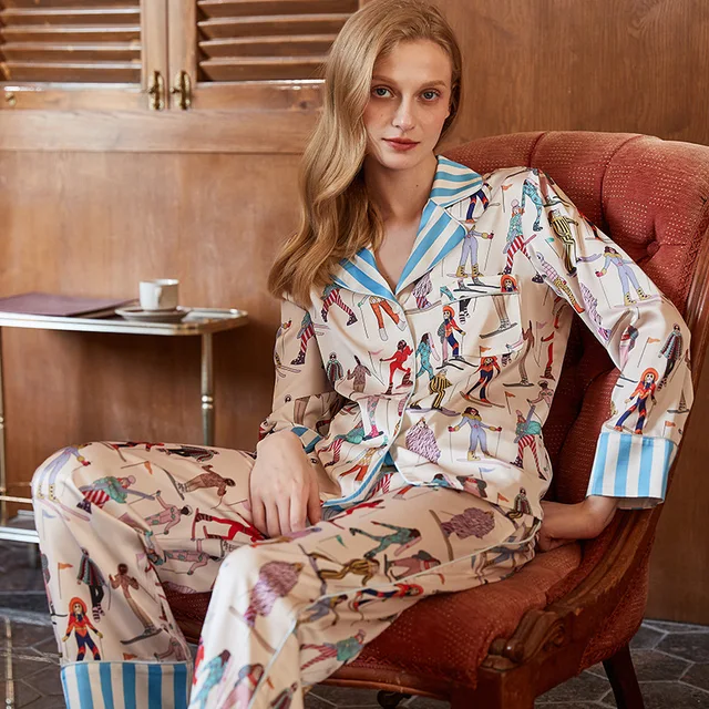 fall spring woman casual pijamas personalised romantic striped pocket ice satin silk pjs pyjama bridal pajama set for women