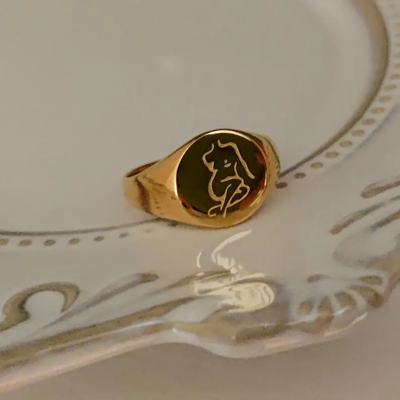 Jietao Trendy Stainless steel Custom engrave picture Symbols Logo Women body rings Gold round signet rings