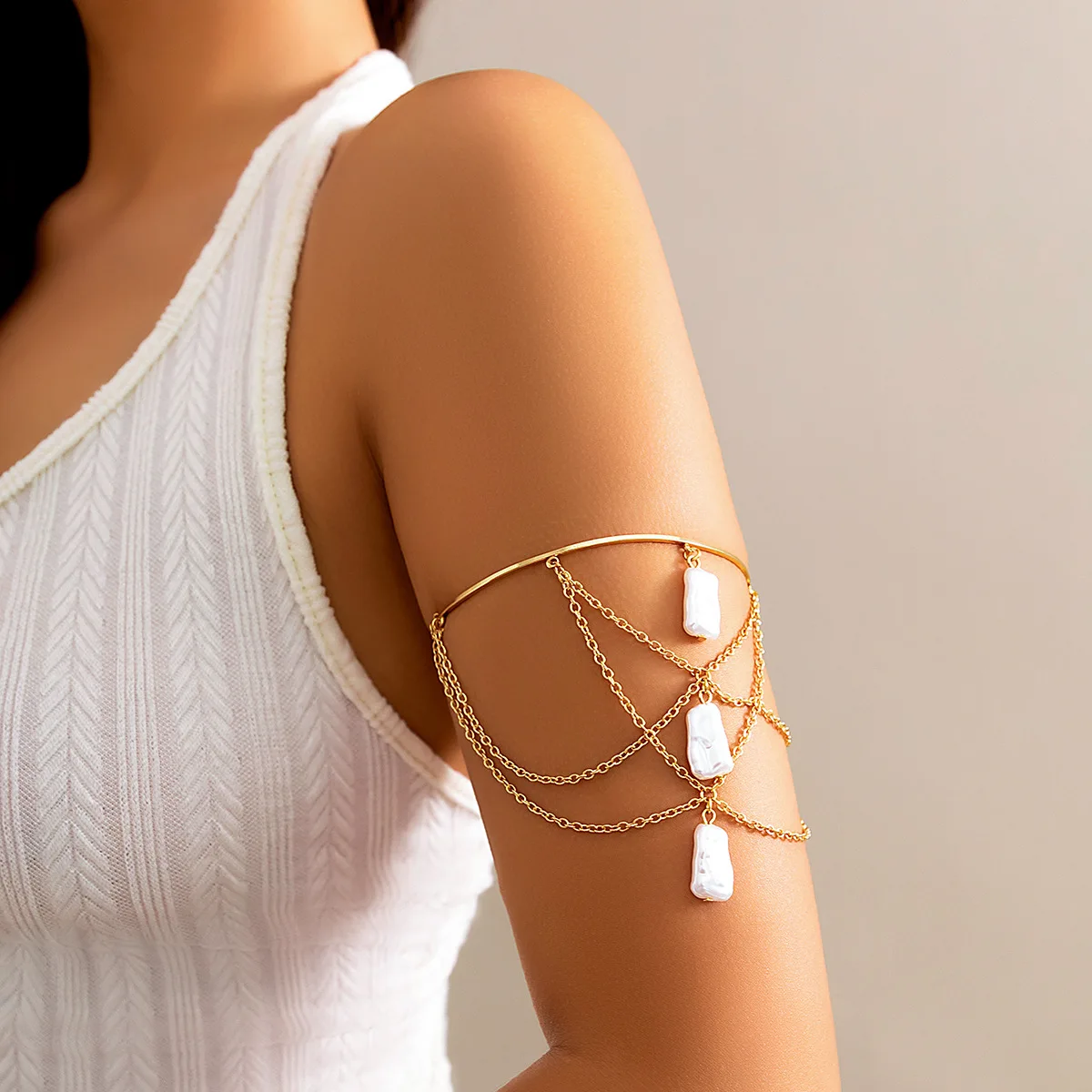 Adjustable Arm Chain Metal Sequin Pendant Semi-Precious Stone Tassel  Upper Arm Cuff Bracelet