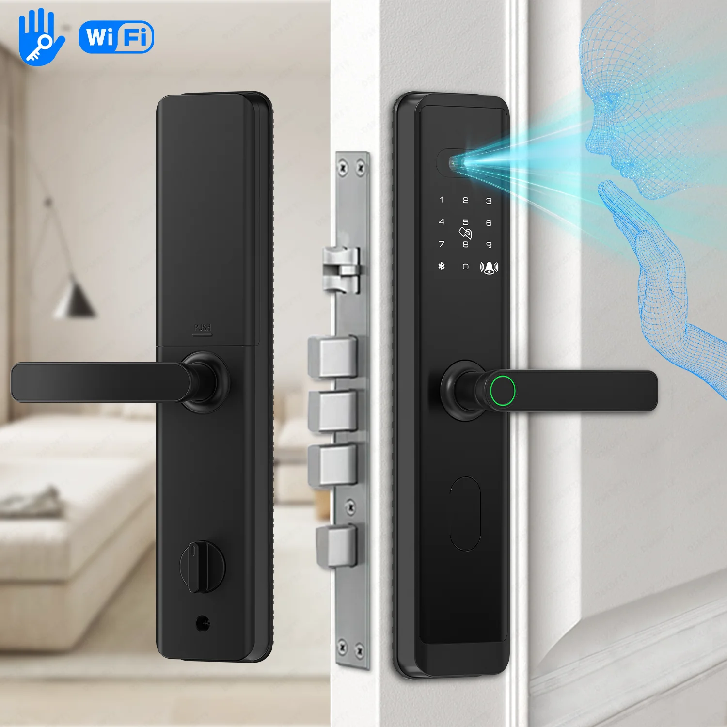 TTlock APP Remote Control Elegant Black Wooden Door Lock with Fingerprint Touch WiFi Network & Cloud Data Storage Options