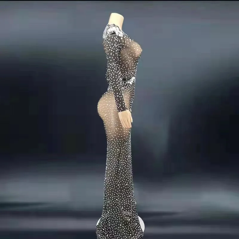 Блестящее платье со стразами полупрозрачное бальное с высоким разрезом роскошная одежда для