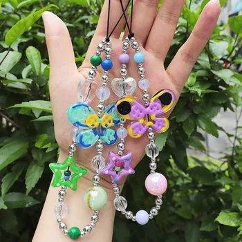 Jelly Butterfly Beaded Flower Phone Lanyard Wrist Strap Lightweight Dismountable MobilePhone Charms Straps