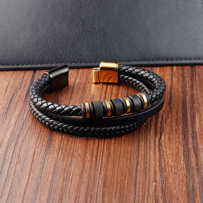 Hotsale Stainless Steel Black Gold Plated Bangle Handmade Multilayer  Braided Bracelet Men Leather Magnetic Bracelet Customized