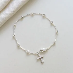 Manufacture Bead Ball Link Sterling Silver Bracelet with Cross Charm Custom Ladies 925 Sterling Silver Bracelet Jewelry
