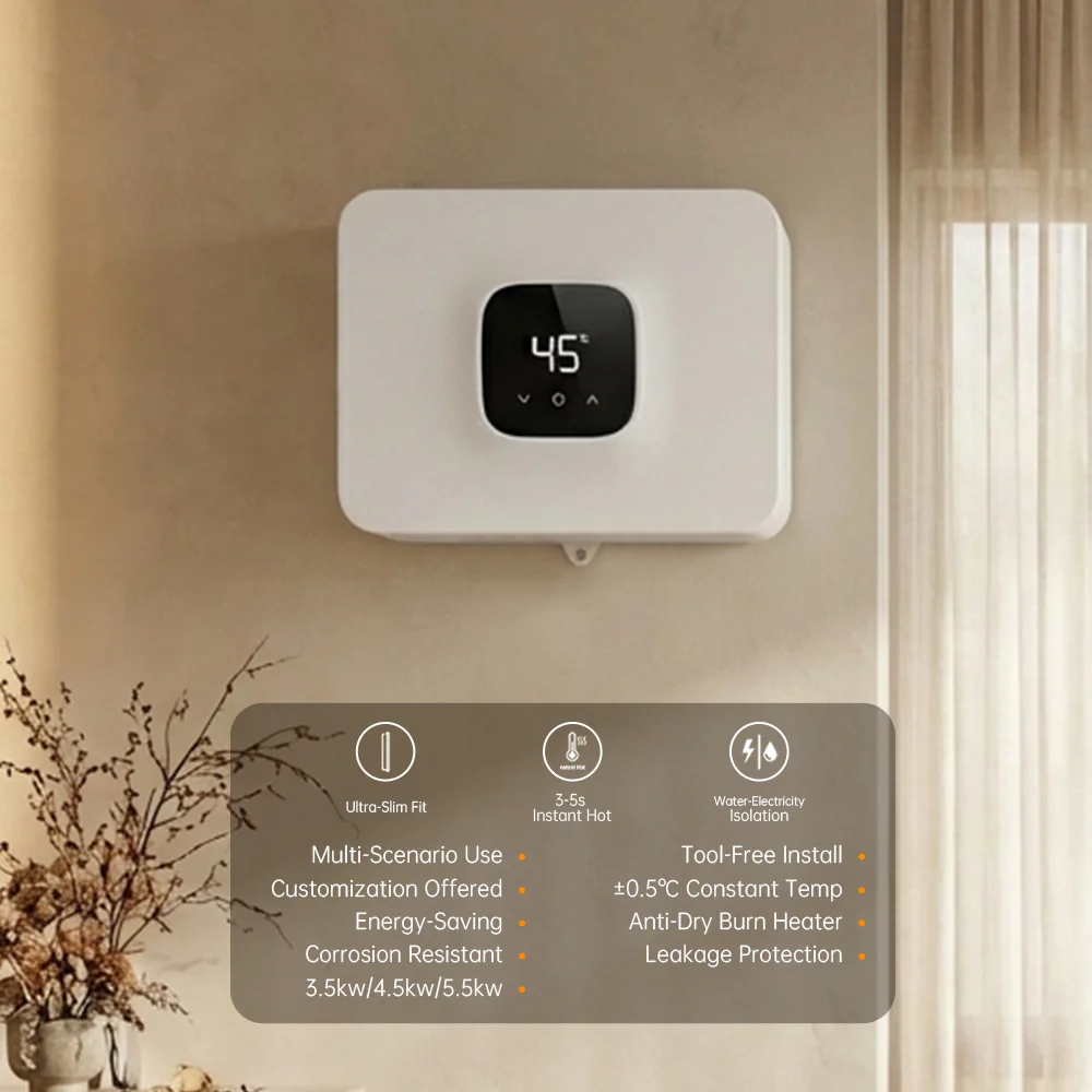 5,5 kW Thermostatum Intellegens Cum Tactili Schermi ABS Caelum, Automatica Potentiae Regulatio, Instantaneus Aqua Calida Electricus Calefactor Domi et in Balconibus