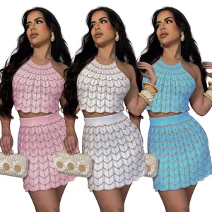 AJ4452 Fashion Solid Hang Neck Mini Skirt Suit Women Backless Sling Top Lace up Skirts 2024 Spring Summer Female 2 Piece Set