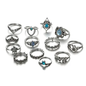 VRIUA 13Pcs/set Femme Vintage Rings for Women Boho Geometric Flower Crystal Silver Knuckle Ring Set Bohemian Midi Jewelry