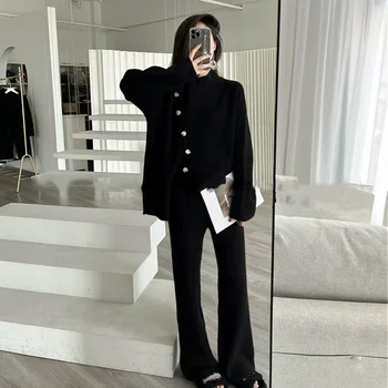 Full Winter Plain Free Size Sweater Slit Top + Wide Leg Long Pants Two Piece Set Women'S Clothing Outfit