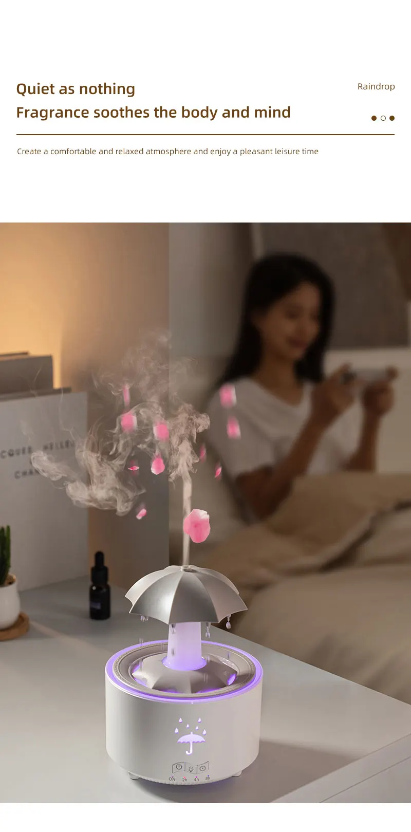Seven Color Lighting Rotating Aroma Diffuser Essential Oil Aromatherapy Raindrop Air Humidifier with Umbrella for Household