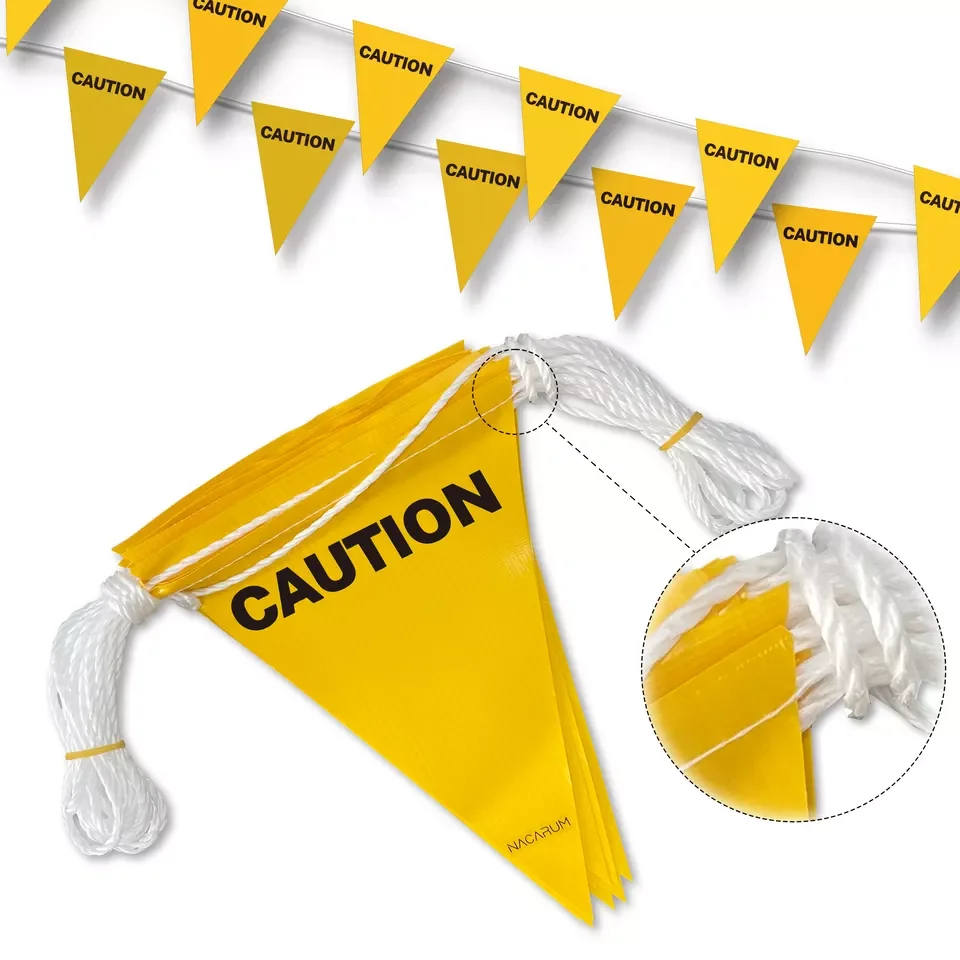 Durable Traffic Safety Triangle Pennant Caution Bunting Flag with Nylon White Rope