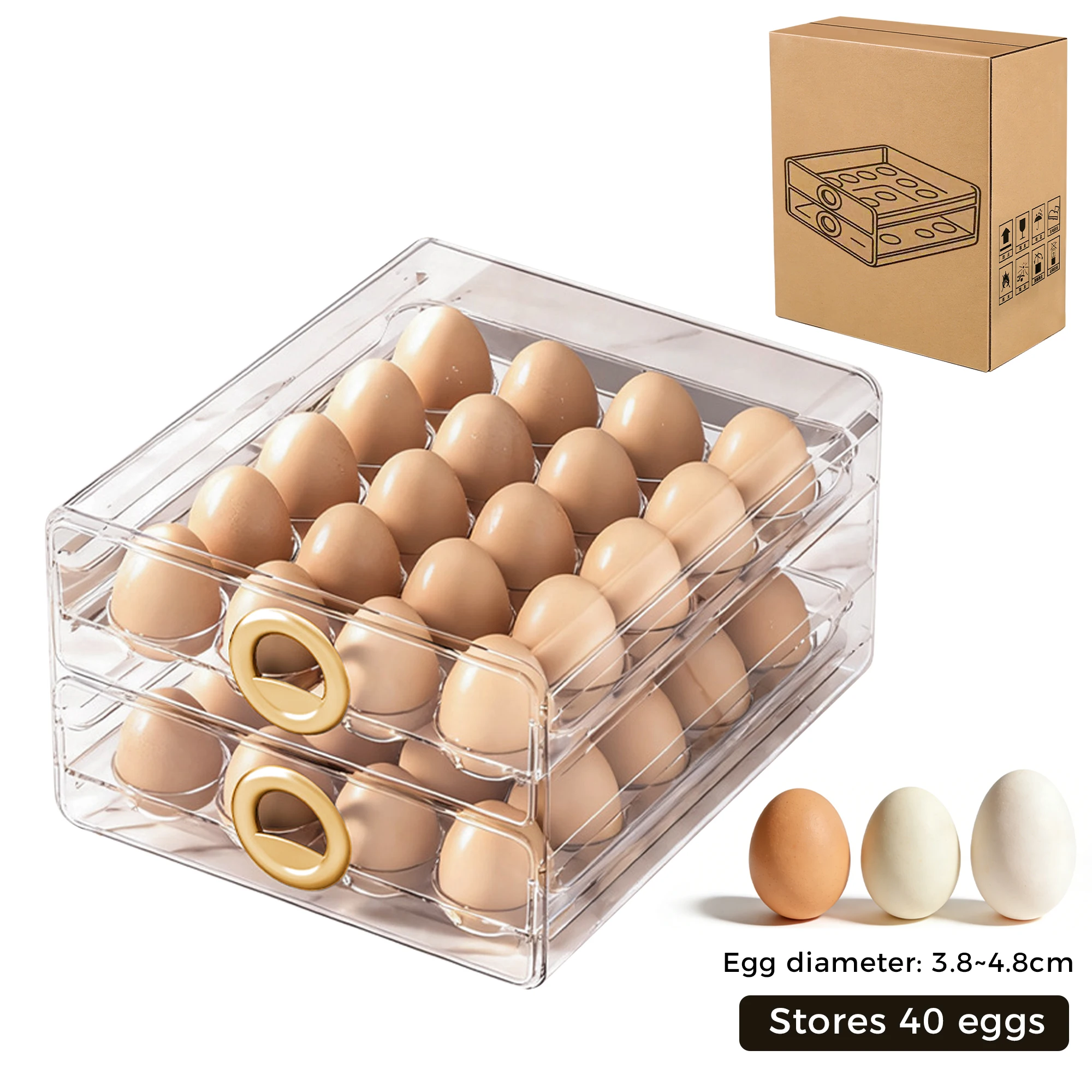 Large 40-Egg Capacity Clear Plastic Egg Storage Organizer with Drawers for Fridge & Countertop-Rectangular Design