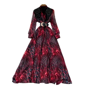 Women's Casual Midi Dress Spring Roman V-Neck Tunic Leopard Print Beaded Embroidery Sequined Lace Breathable Empire Woven Front