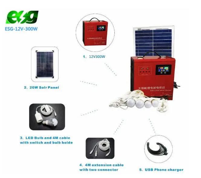 ESG 100W 200w 300w portable Lithium battery solar power system  dc fan solar energy system