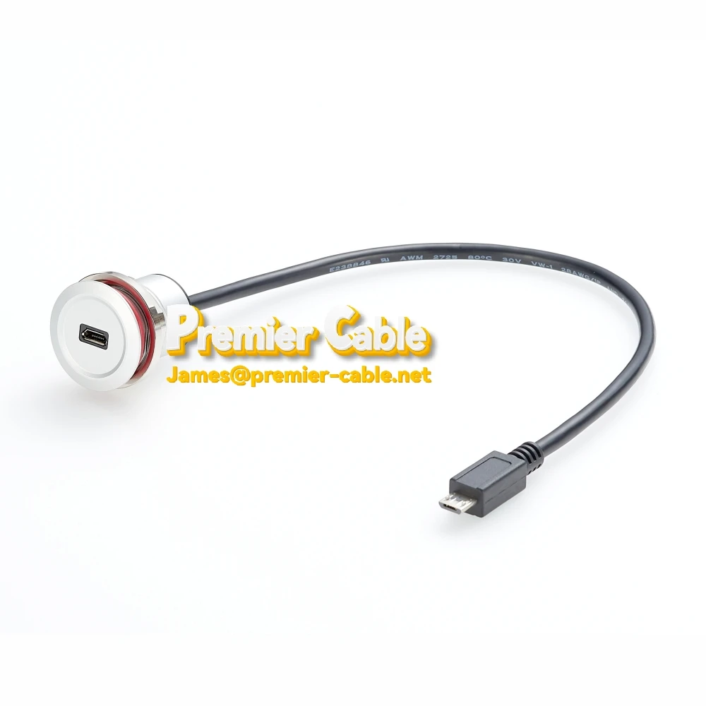 Metal Micro USB round panel mount extension cable Panel Mount Extension USB Cable Micro B Male to Micro B Female factory