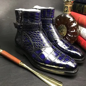 Blue Pure Crocodile Leather Ankle Korean Boots for Men Zip-up Other Trendy Dress Boots Goodyear Luxury Buckle Strap Men's Boots