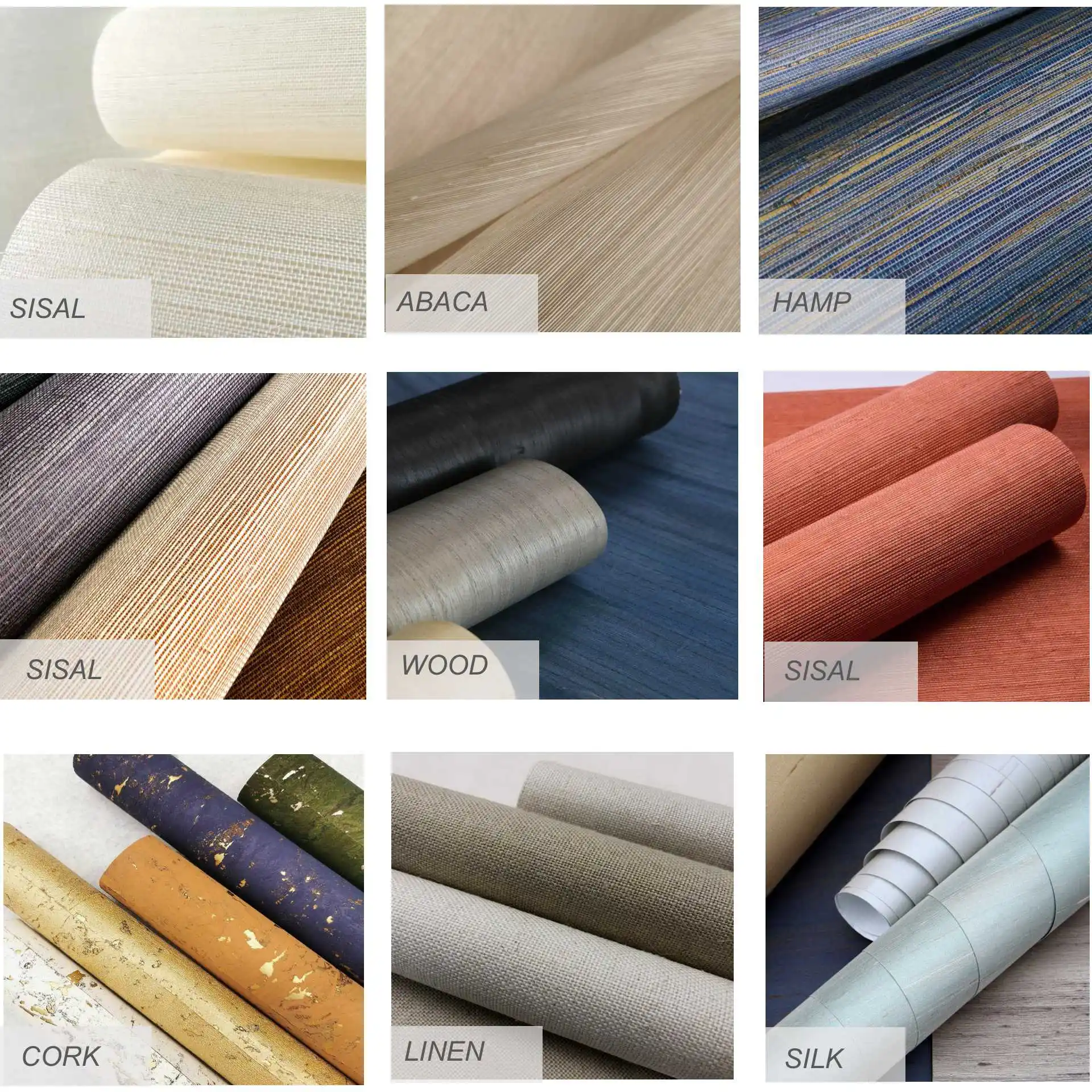 Natural Decorative Wallpaper Linen Cork Sisal Silk Grass Cloth Wood Veneer Wallcoverings Waterproof Soundproof
