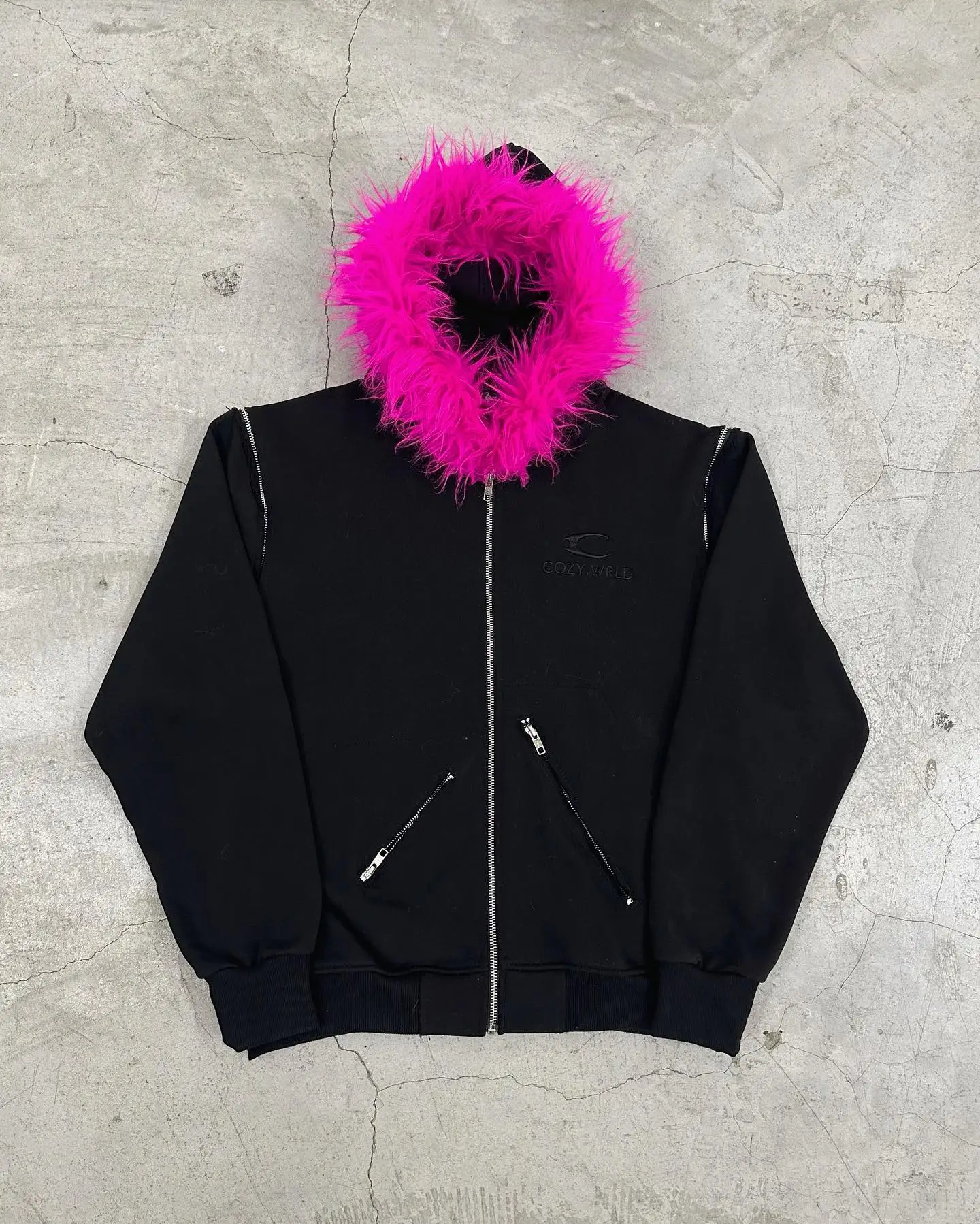 Customized Street Wear Oversized Blank Detachable Sleeve No String Cotton French Terry Zip up Faux Fur Hood Jacket Hoodie Men gallery 9
