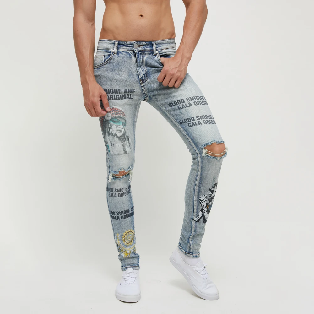 DiZNEW Custom Digital Print Brand logo Fashion Mens Jeans Wholesales Slim Light Blue Distressed Wash Denim Pants