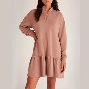 Custom Wholesale Women Oversize Sweatshirt Ruffle Dress Long Sleeves Button  Drop Shoulder Baggy Knee-Length Sweatshirt Dress