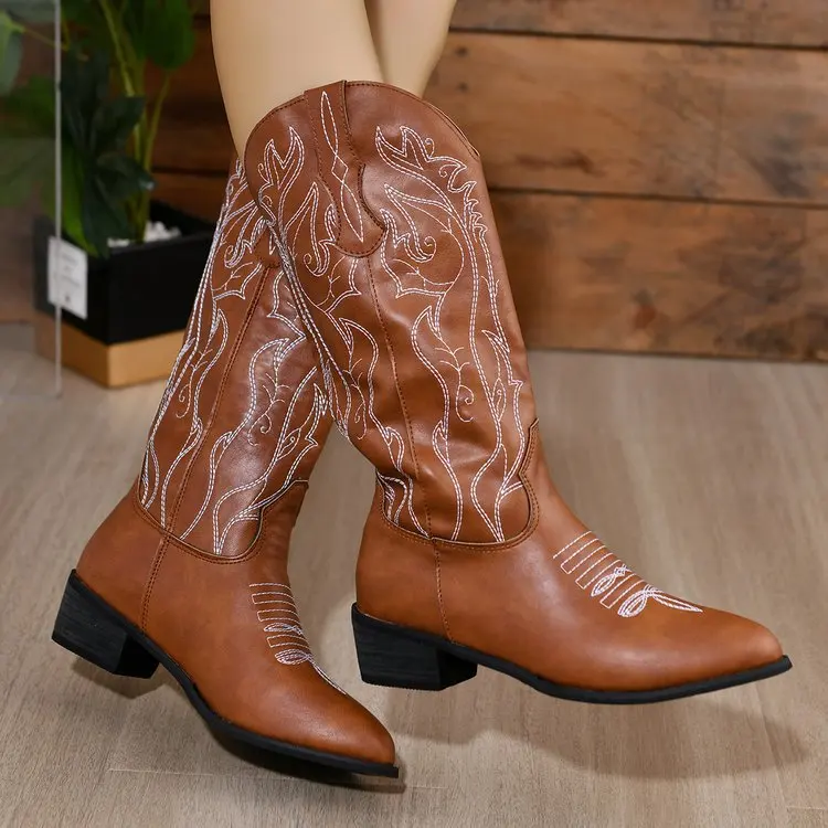 Factory Size 43 Cowgirl Boots Pointed Toe Autumn Winter Slip-on Mid Calf Women Embroidery Western Cowboy Boots - Image 4