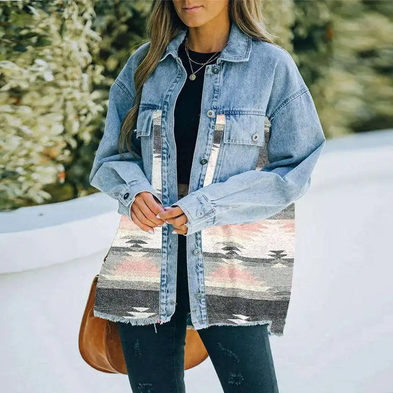 Wholesale Fast Shipping New Arrivals Eco-Friendly Vintage Acid Washed Western Women Clothing Aztec Denim Buttoned Winter Jacket
