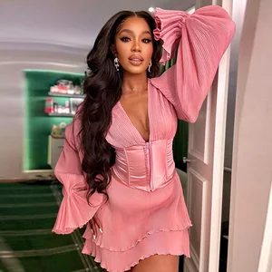European and American Women's Clothing 2026 Spring New Fashionable V-neck Waist Zipper Pleated Short Long Sleeve Dress