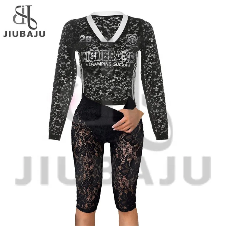 Lace See Though Two Piece Sets Women V Neck Long Sleeve Slim Top and Short Pants Outfits