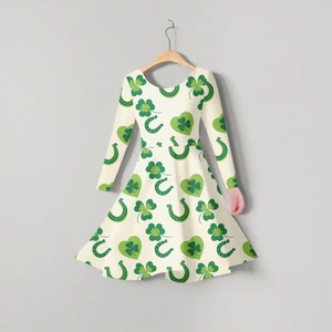 Girls' Casual Princess Dress with Long Sleeves 3D Digital Printed Four-Leaf Clover Fresh Design for Winter Use for Children