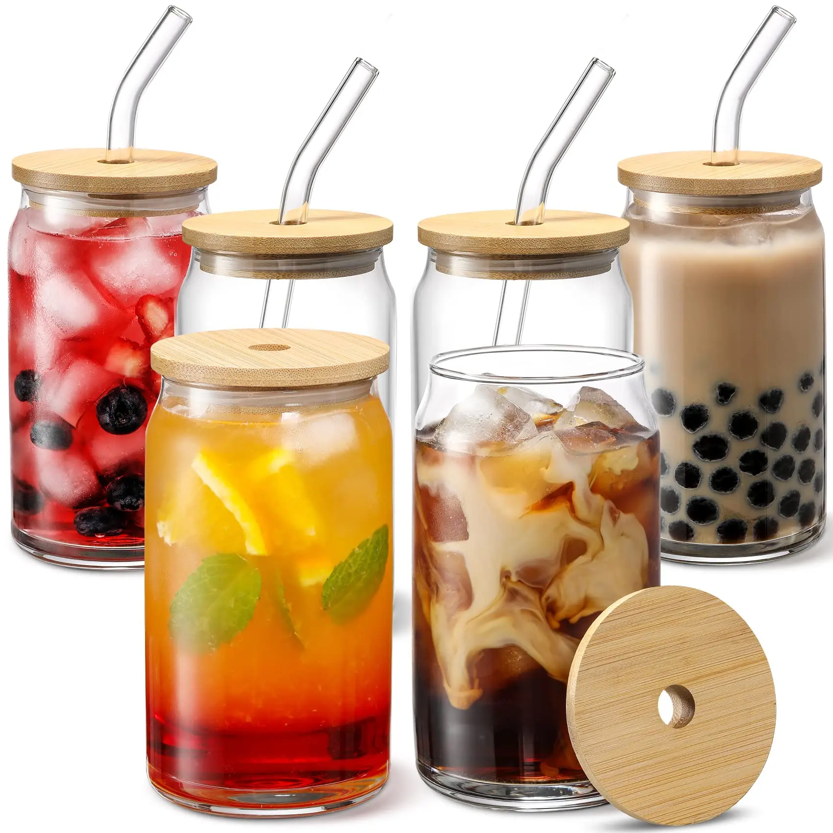 Can-Shaped Glass with Glass Straw and Bamboo Lid