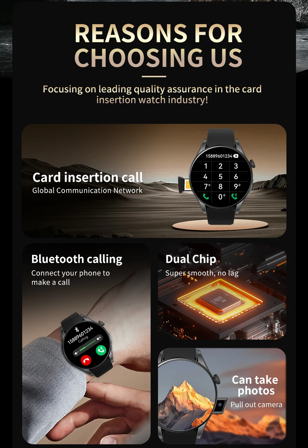 BW16 Smartwatch avec fente SIM 24H surveillance de la santé Modes multisports caméra rétractable BT appel télécommande traqueur de sommeil