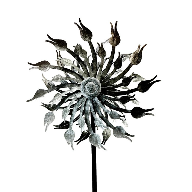 Double Silver Wind Spinner Wholesale Flower Wind Spinner Garden Art Kinetic Metal Windmill for Outside