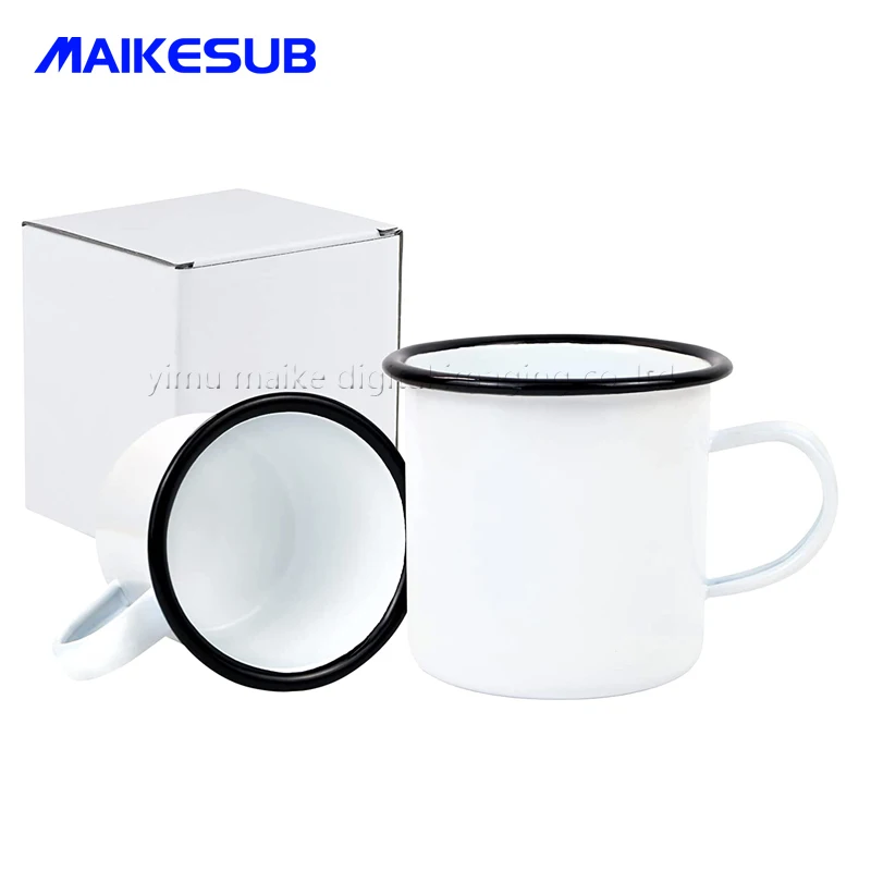 Sublimation 12 OZ Enamel Mug Blanks with Black Rim Outdoor Camping Steel Coffee Metal Mug