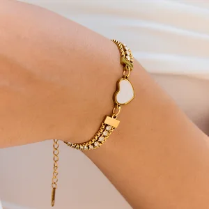 MW 18K Gold Plated Stainless Steel Stackable Trendy Fashion Bracelet with Zircon Heart & Shell Chain for Women