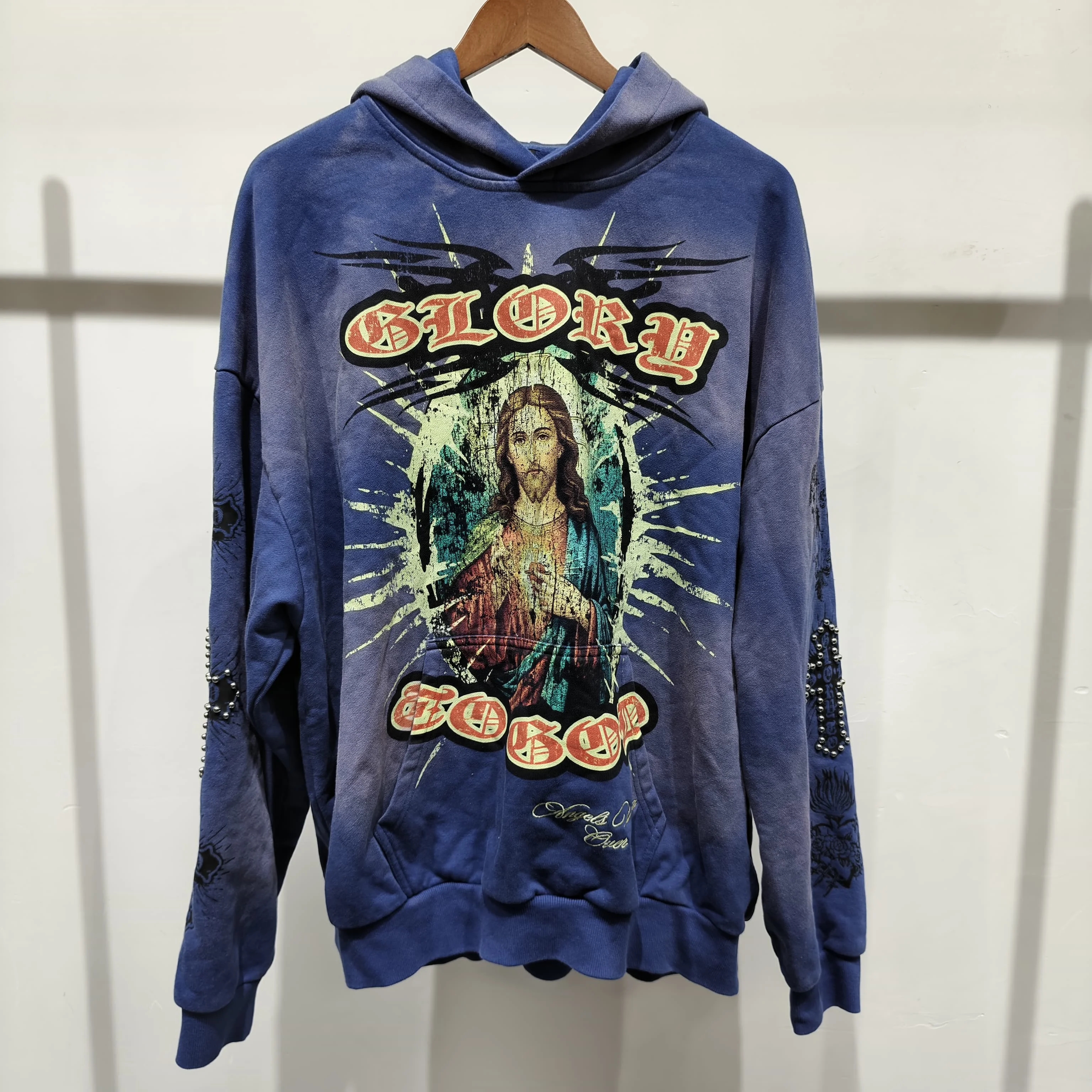 Custom 100% Cotton Oversized Men's Hoodie with Graphic Print and Rhinestones Y2K Streetwear Hoodie