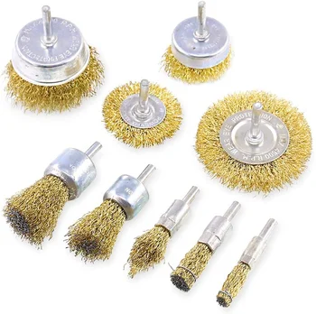 Wire Brush Wheel Cup Brush Set 9 Piece, Brass Coated, Cup Brush Set 1/4"" shank fits all drills