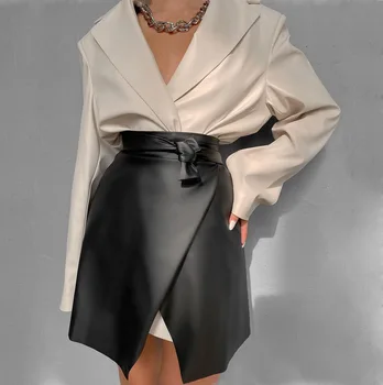 Fashion Sexy Irregular Bandage Mini Skirt For Womens Hot Sales Black Pleated Pu Leather Skirts