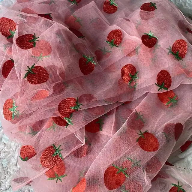 Strawberry Fabric, Strawberry Lace Fabric, Glitter Sequined Strawberry  Tulle Fabric 