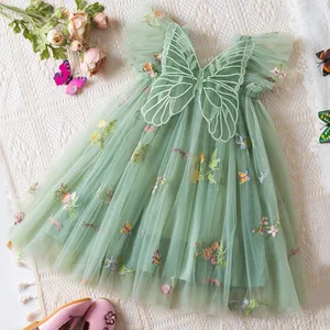 New Girls Embroidered Summer Dress Butterfly Wings Flying Sleeves Mesh Skirt Casual Chiffon Lace Dresses for Girls