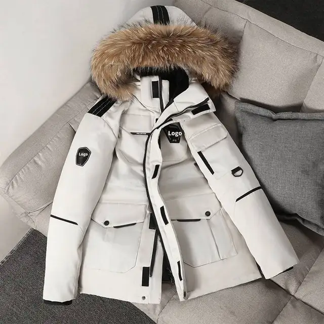 Custom Brand Thickened Down Jacket with Faux Fur Trim Non-Stretch Medium Long Soft Men'S Casual Style Hooded Winter Coat