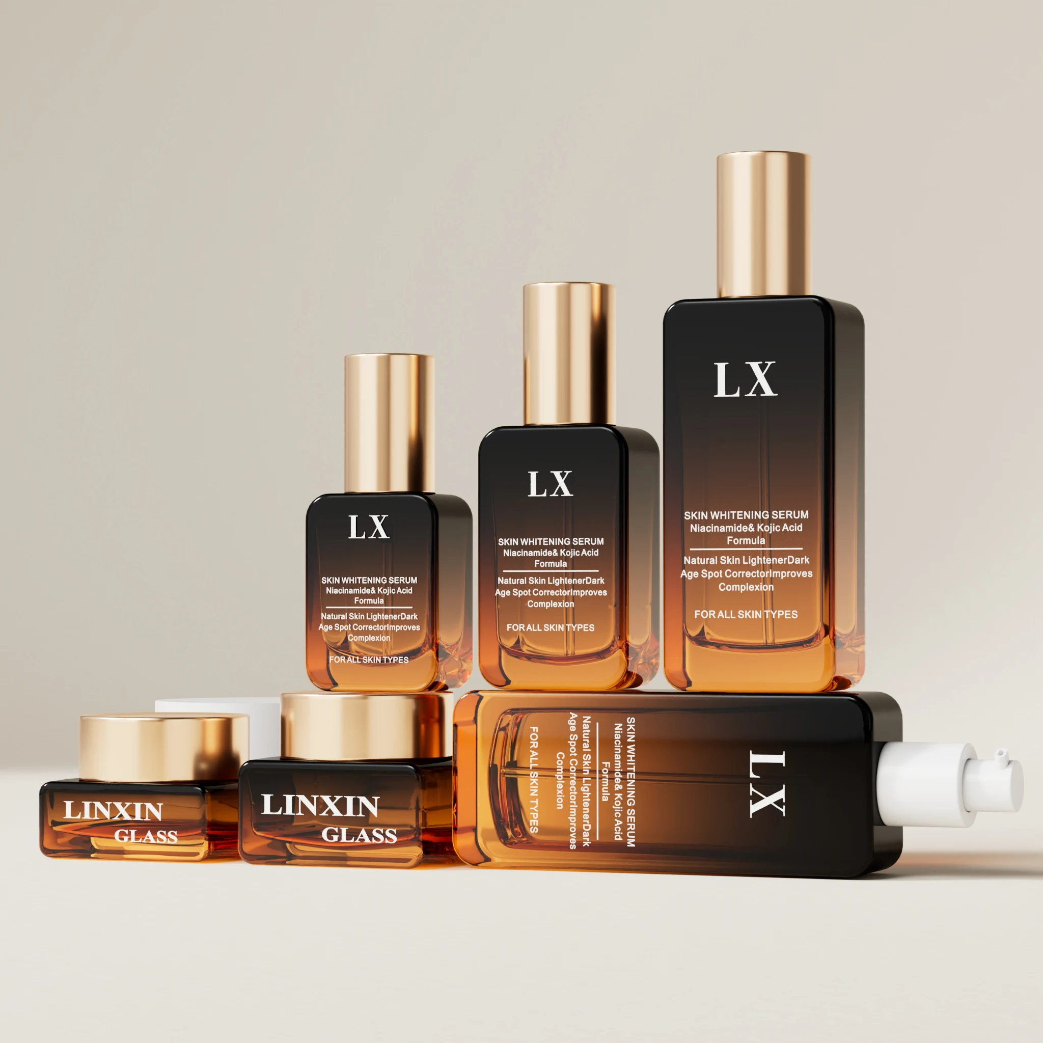 Flat Rectangle Black Matte Amber Skin Care Cosmetic Packaging Set 30ml 50ml 100ml Glass Lotion Pump Cosmetic Bottle Cream Jar