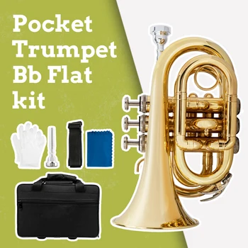 Mini Pocket Trumpet Bb Flat Brass Wind Instrument with Mouthpiece Gloves  Cleaning Cloth Carrying Case Students Pocket Trumpet