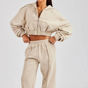 Custom Eco-Friendly 100% Cotton French Terry Chenille Embroidery Cropped  Zip Hoodie and Sweatpants Set for Autumn