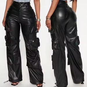 Custom Clothing Manufacturer Baggy Pockets High Waist Streetwear Wide Leg Casual Lady Long Leather Cargo Pant for Women Trousers