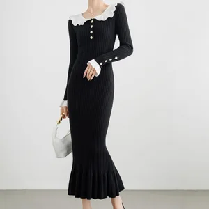 Vintage Knitted Dress Spring Women's Wear Ruffle Edge Contrasting Color Fishtail Skirt Casual Dress
